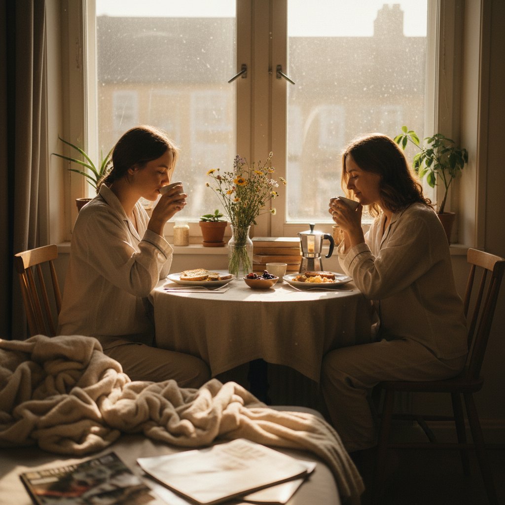 Intimate morning moment in an apartment with sunlight streaming through the window, realistic slice of life scene