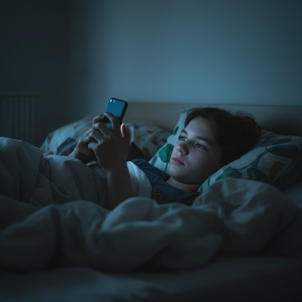 Polski nastolatek patrzący samotnie w telefon w łóżku, nocne światło, wsparcie psychiczne online
