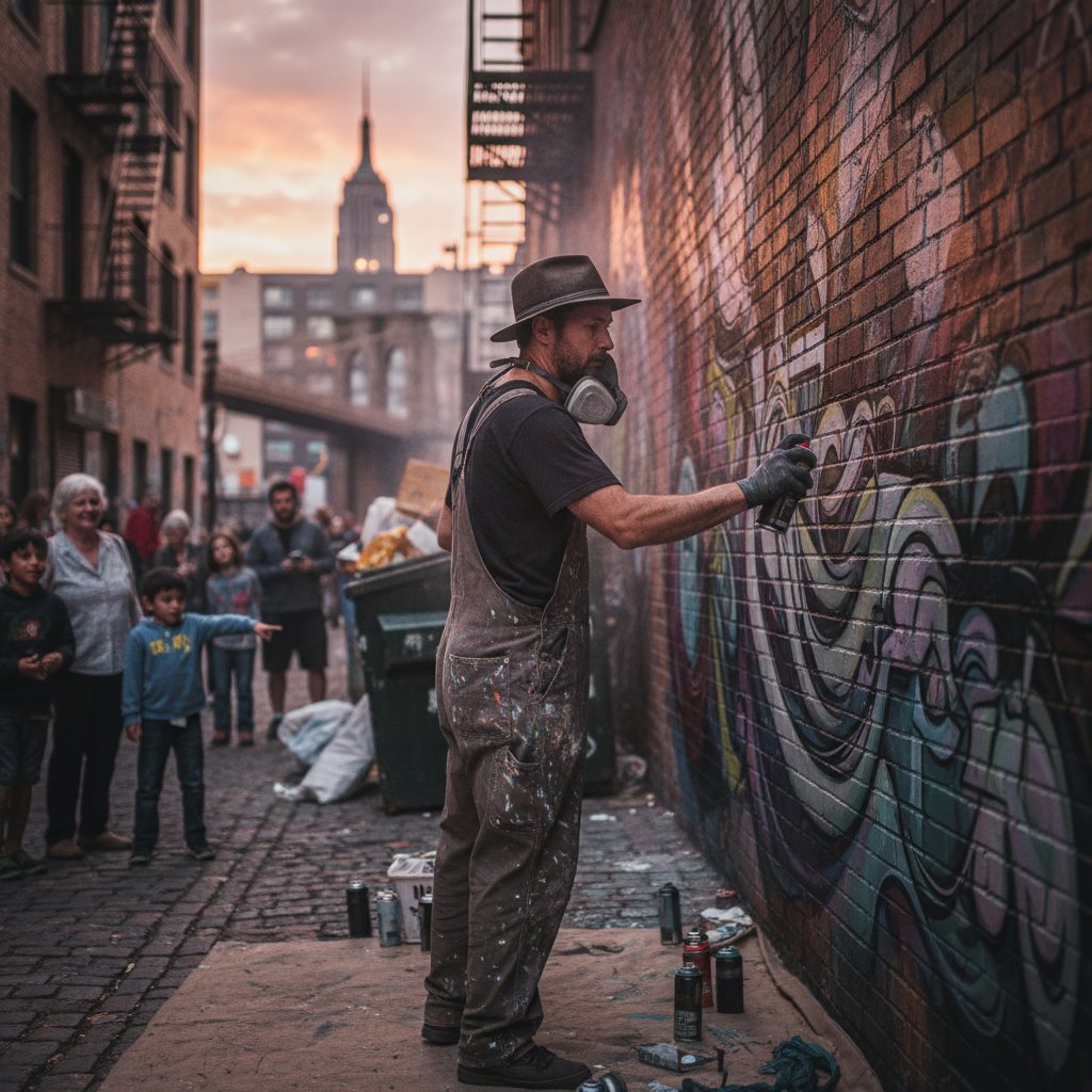 Photo of a street artist creating a mural in an urban setting at dusk, capturing the raw energy and authenticity of underground art