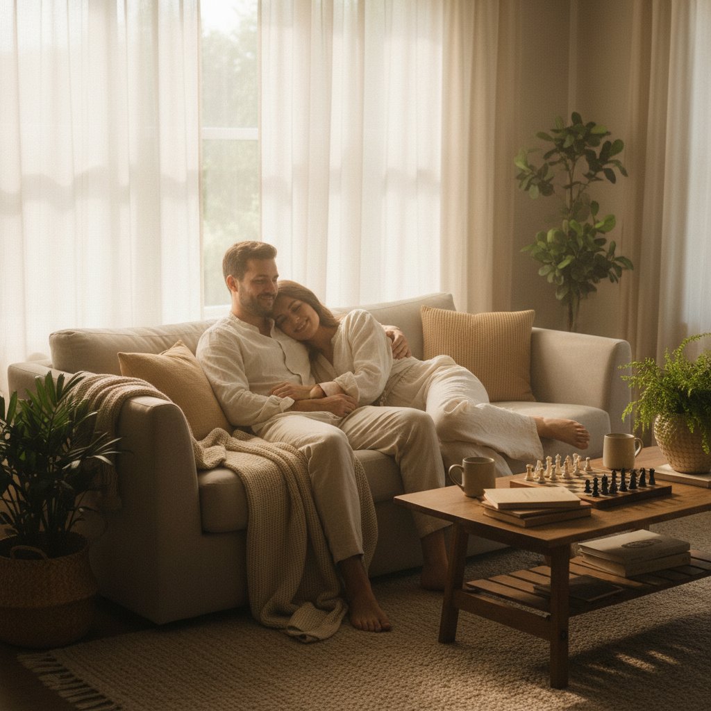 Przygotowanie intymnej przestrzeni do praktyki tantrycznej, z naturalnymi światłami i relaksującą atmosferą