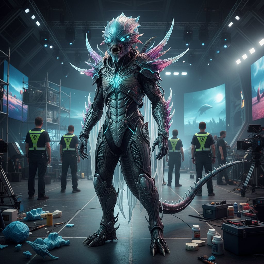 Close-up photo of intricate alien costume and prosthetics on a film set