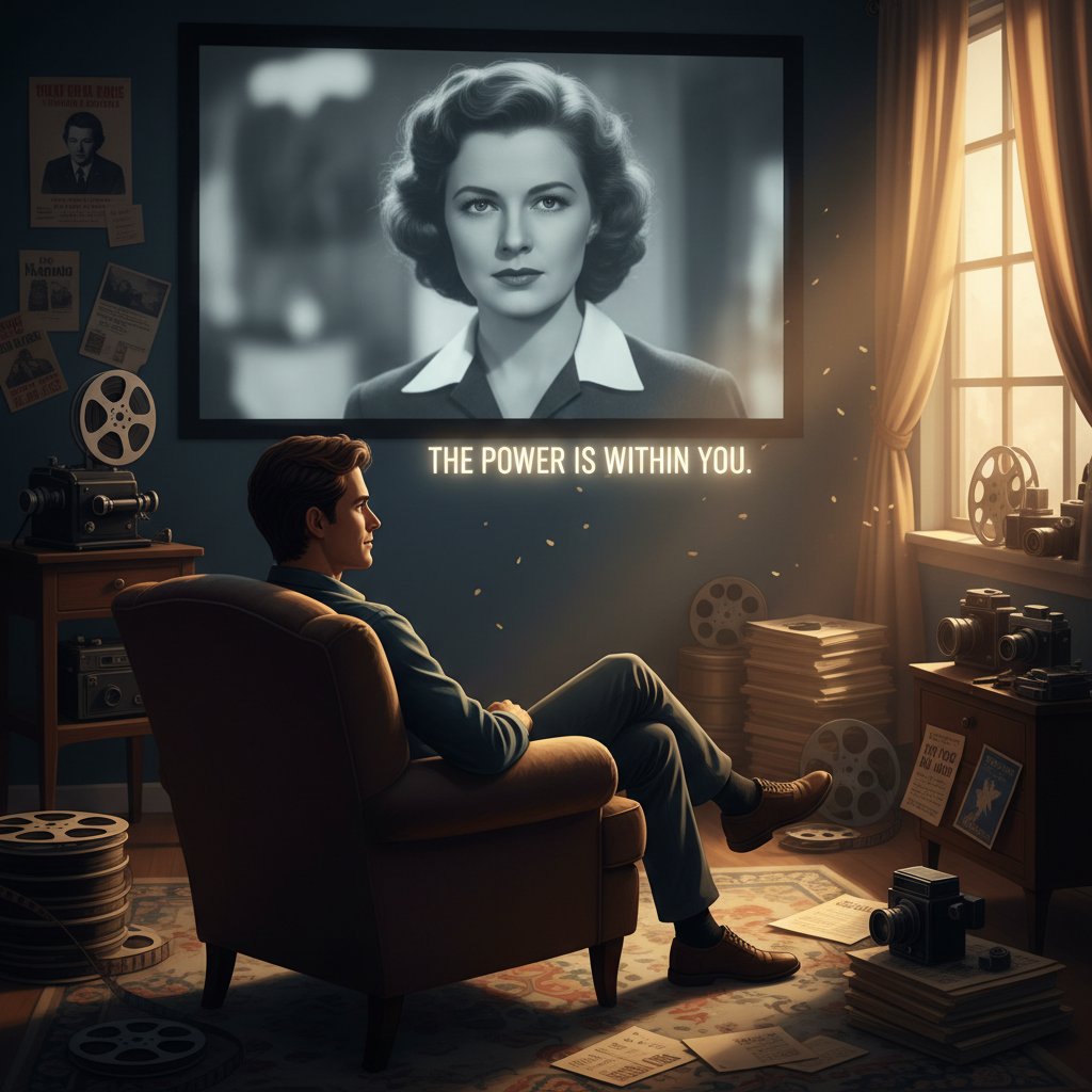 Introspective person watching a movie alone, surrounded by film paraphernalia, reflective narrative composition