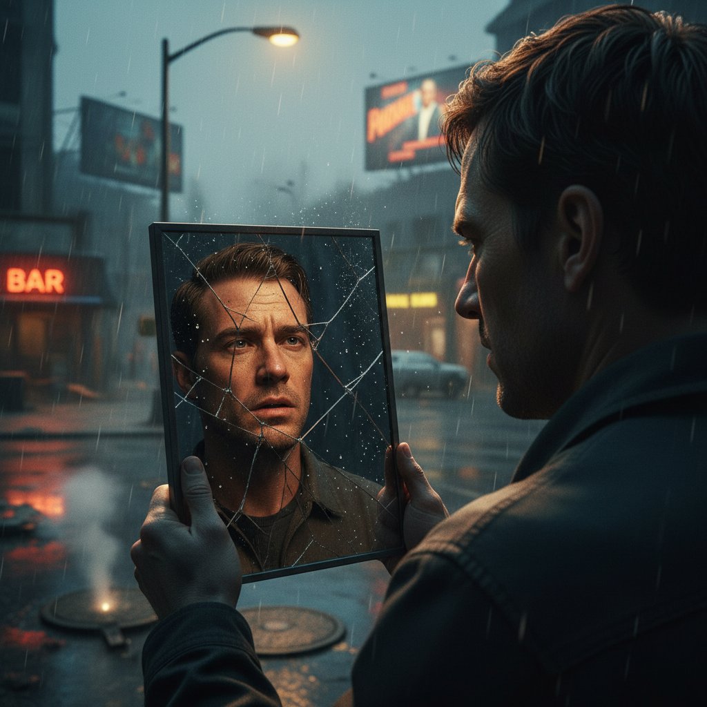 Osoba patrząca w popękane lustro – symbol pogardy wobec siebie