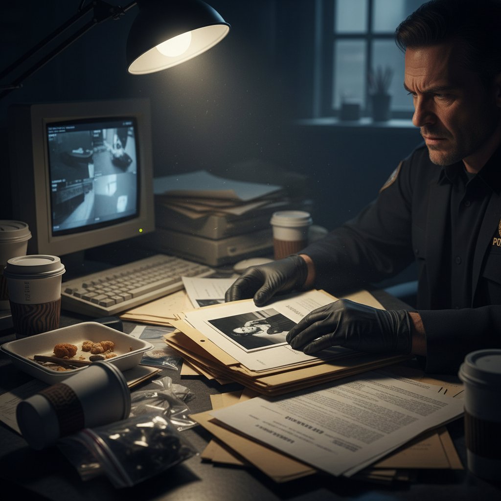 Close-up of hands rifling through old case files on cluttered detective’s desk, moody lighting, investigation movie theme
