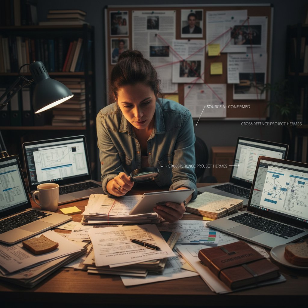 Dziennikarz śledczy analizujący dokumenty, sukces w weryfikacji źródeł