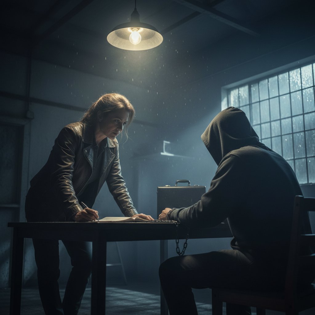 Journalist interviewing reluctant source, cinematic realism, suspenseful mood, investigation movie focus