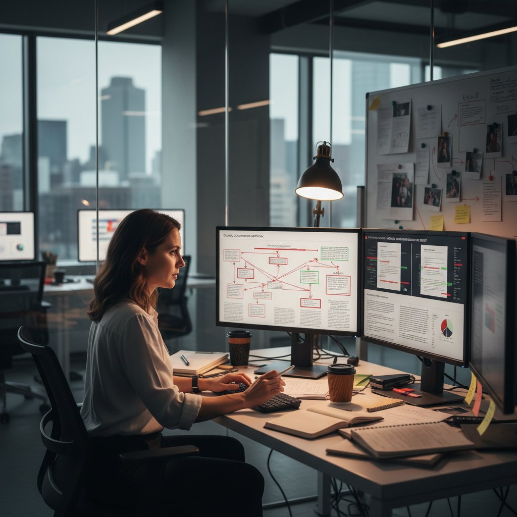 Dziennikarz śledczy przy komputerze analizujący wiadomości ze świata, nowoczesne biuro, śledztwo