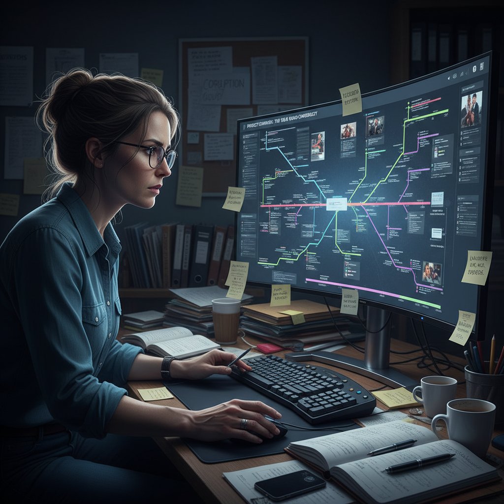 Dziennikarz pracujący przy komputerze nad wizualizacją linii czasu śledztwa, skupienie, intensywne światło