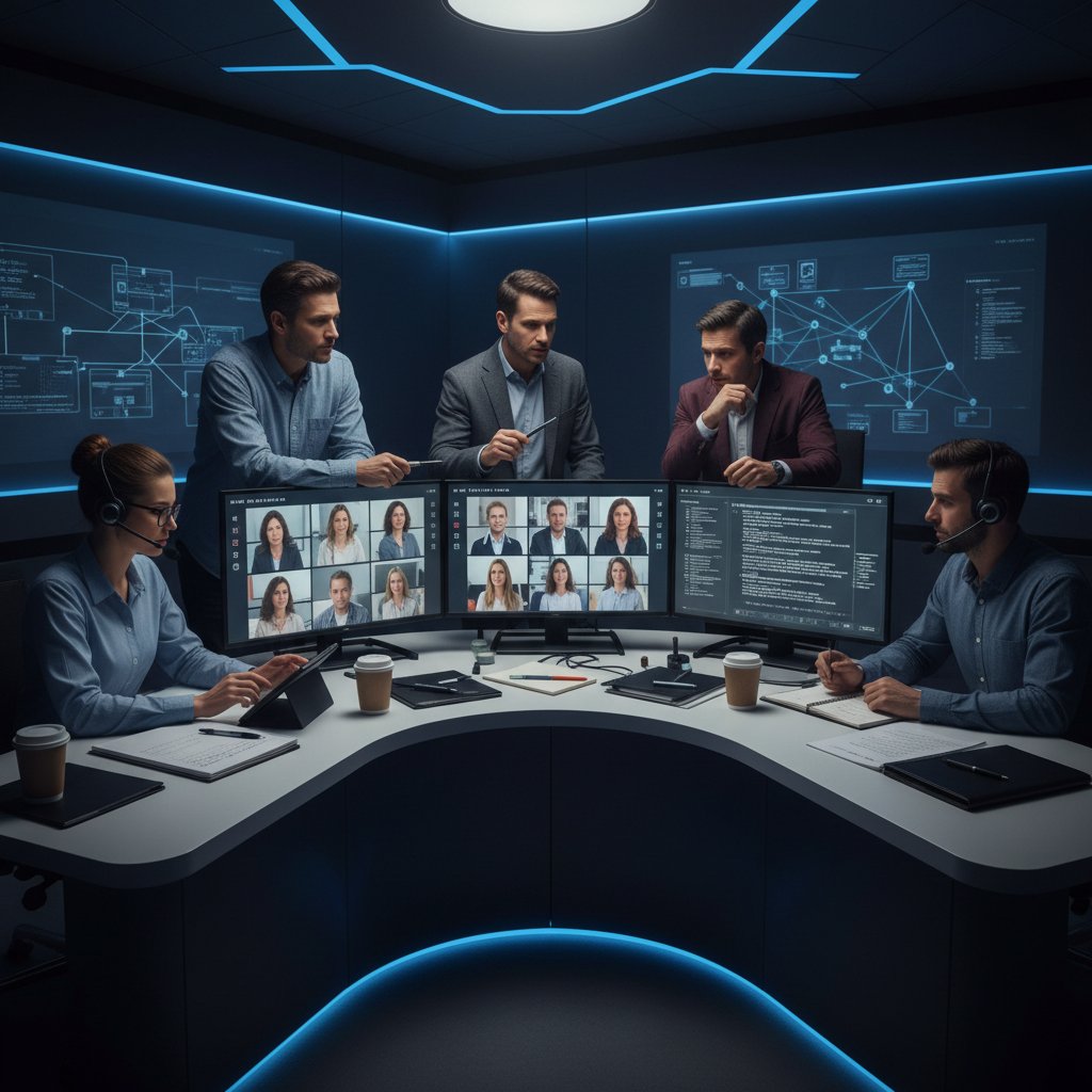 Zespół śledczy analizujący symulowane wywiady na ekranach komputerów