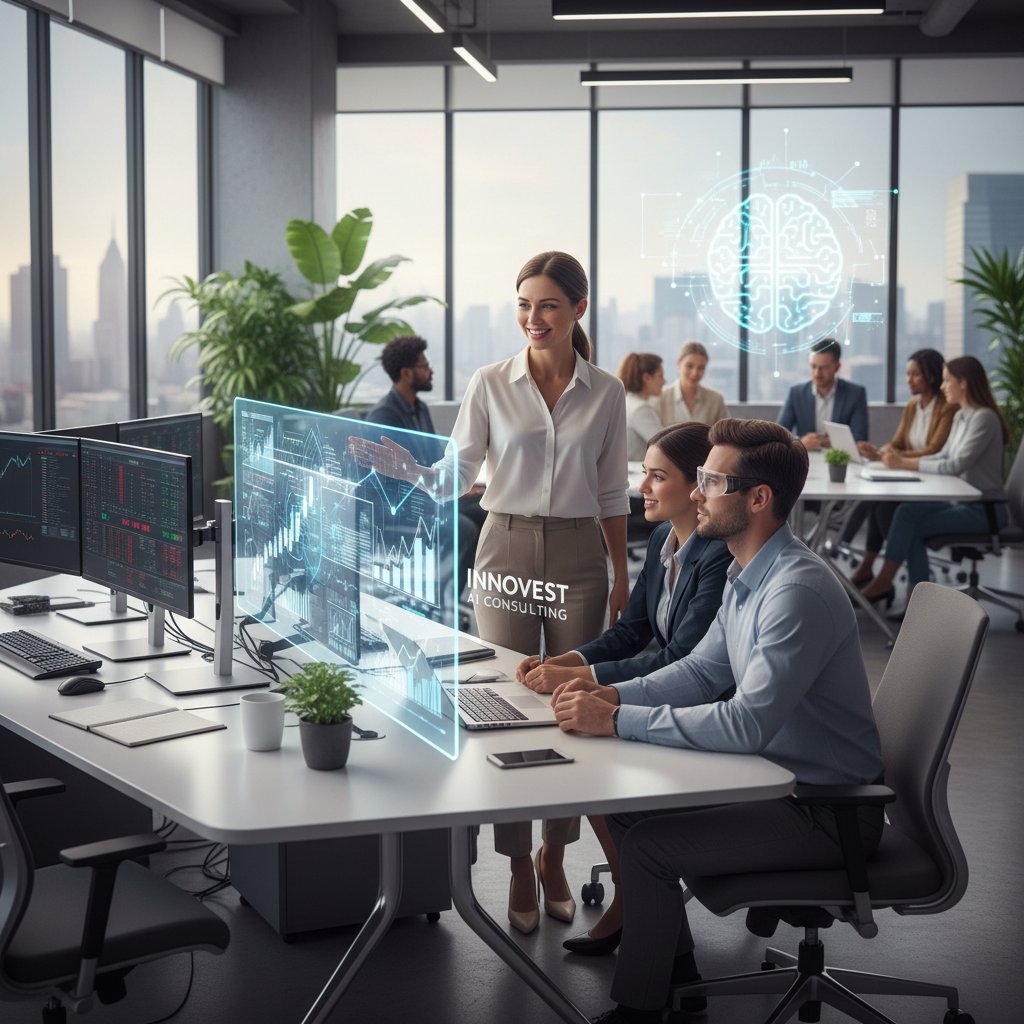 Zespół wsparcia inwestycyjnego w biurze, młoda kobieta konsultuje wyniki z AI