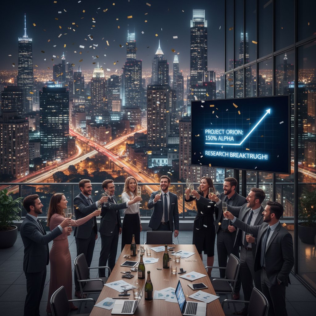 Investment team celebrates in city night office—research-powered investing success