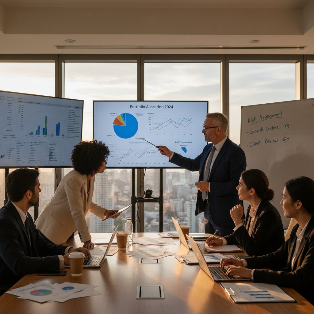 Zespół inwestorów analizujących portfel, symbolizujący wspólną strategię i sukces