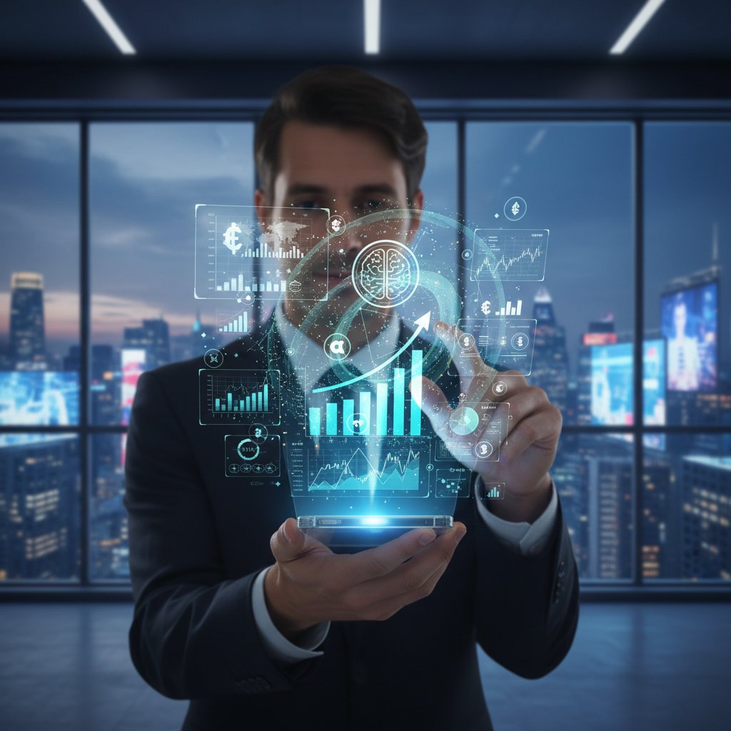 Inwestor korzystający z mobilnej platformy AI na rynku, dynamiczna analiza wykresów