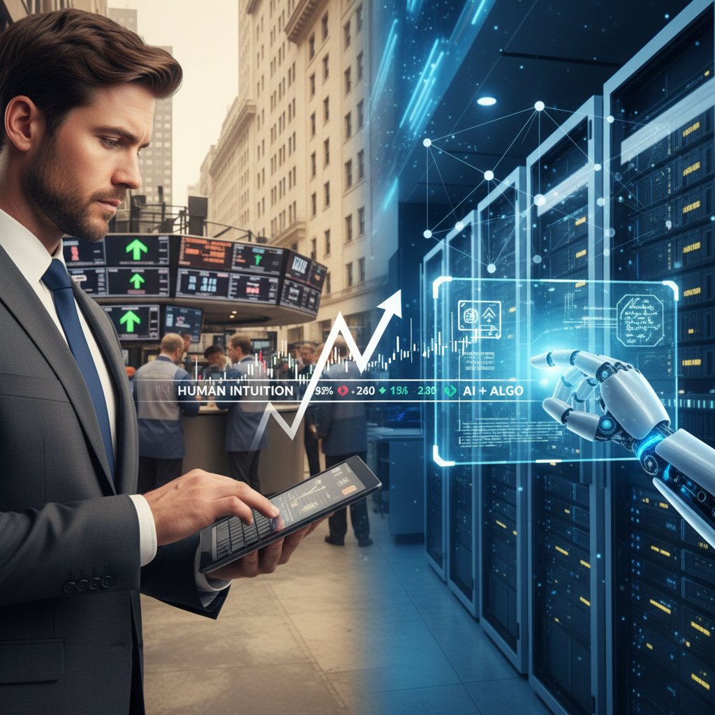 Inwestor porównujący notowania AI i tradycyjnej strategii na ekranie