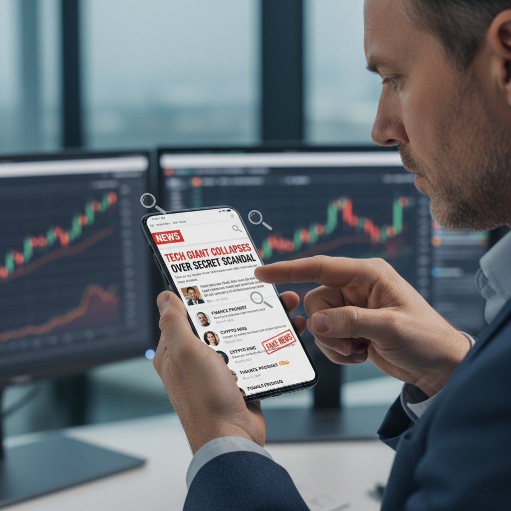 Zdjęcie inwestora analizującego fake newsy i profile ekspertów na smartfonie