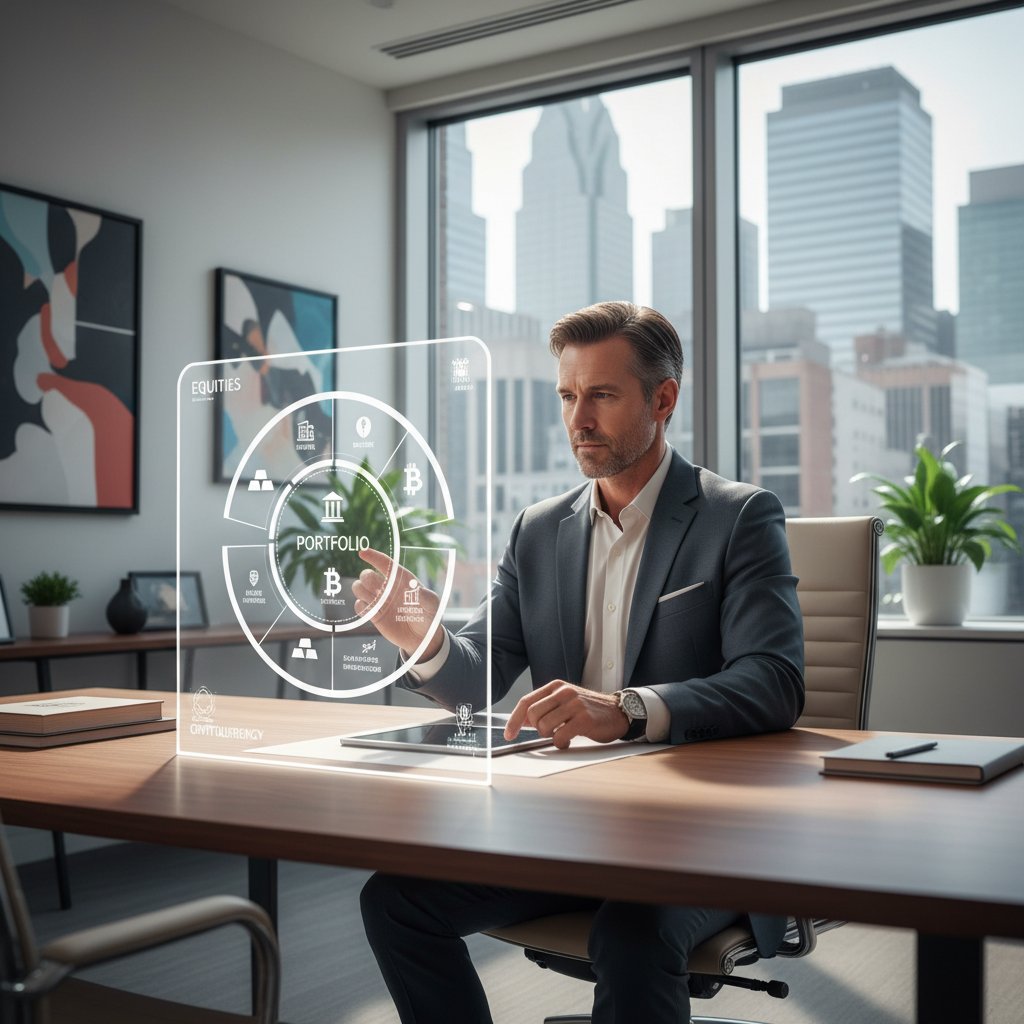 Inwestor analizujący klasy aktywów z laptopem i wykresami na tle nowoczesnego biura