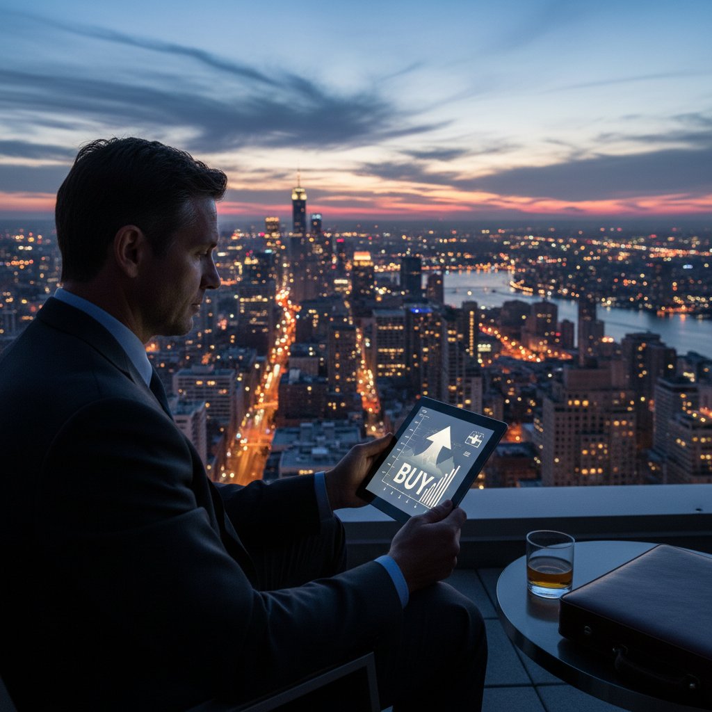 Inwestor podejmujący świadomą decyzję inwestycyjną z tabletem na tle wieczornego miasta