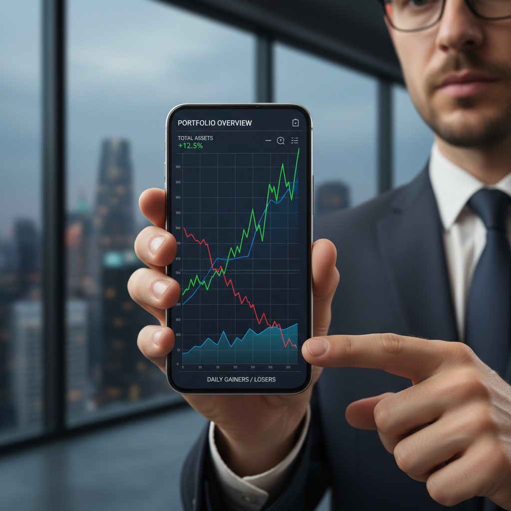 Inwestor monitorujący portfel na smartfonie z dynamicznym wykresem w tle