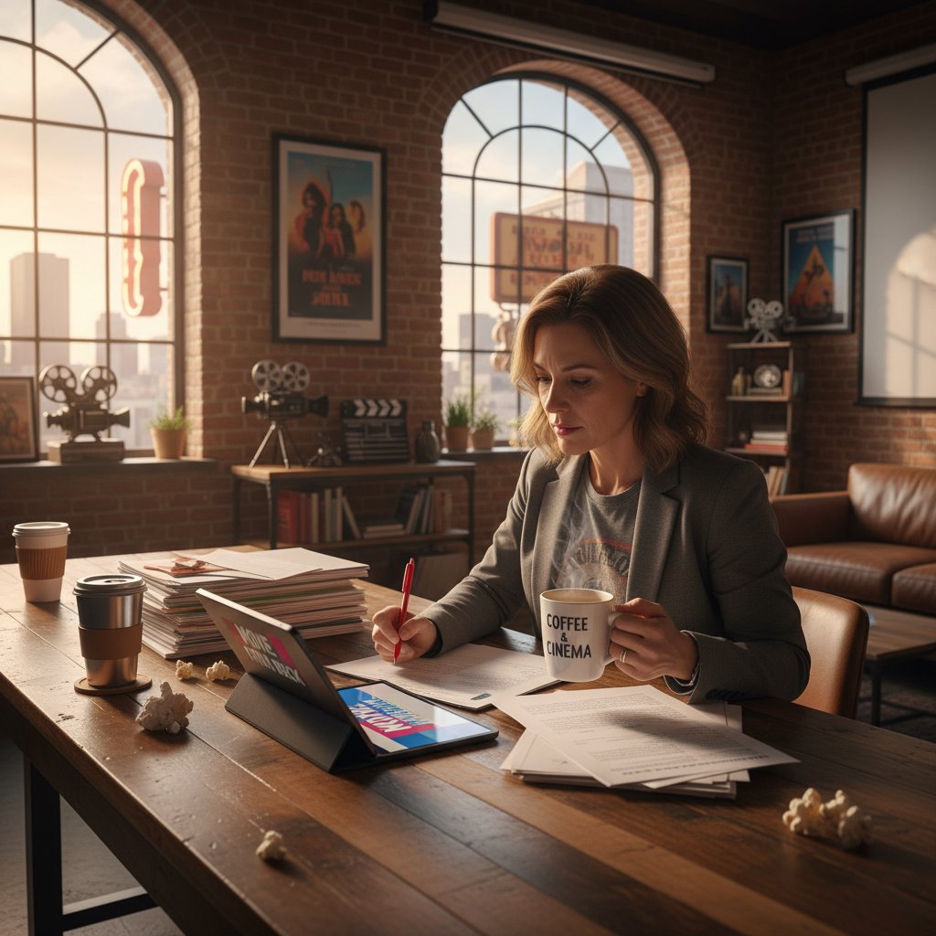 Investor studies movie pitch decks with coffee and red pen, focused on movie investment decision-making