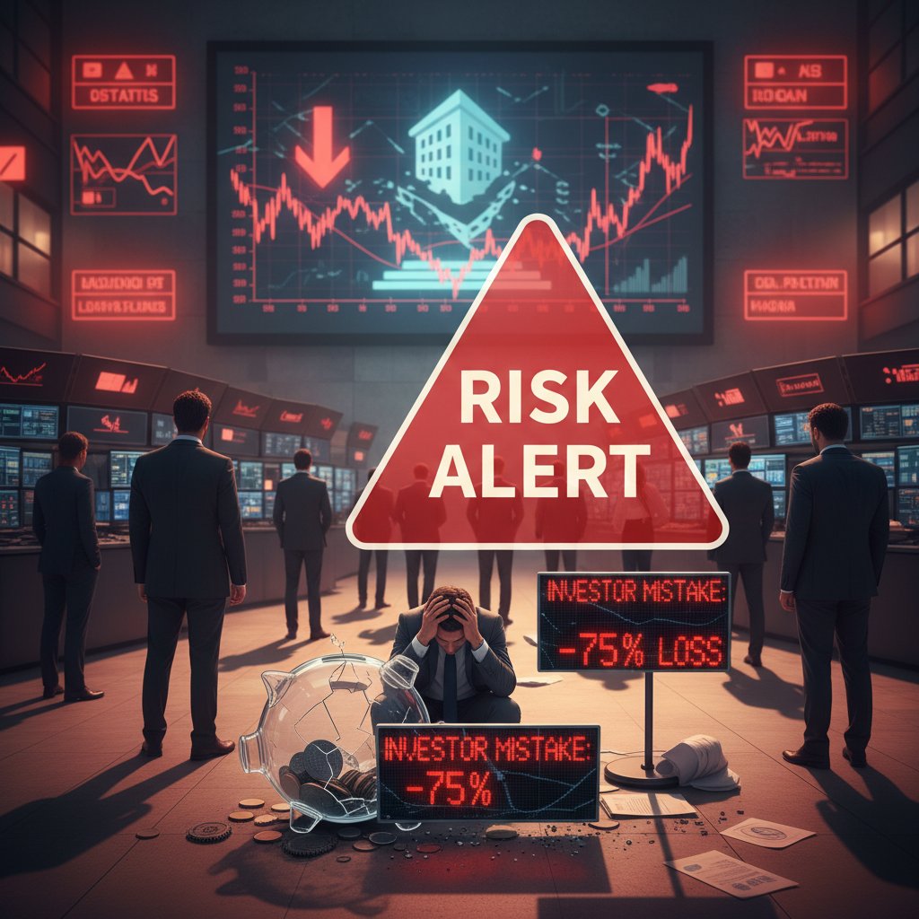 Inwestor popełniający błąd podczas handlu na giełdzie, ekran z czerwonymi alertami ryzyka