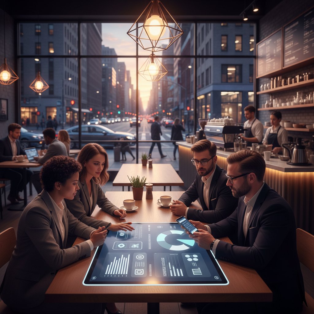 Grupa inwestorów korzystających z mobilnych aplikacji inwestycyjnych w kawiarni, atmosfera współczesności