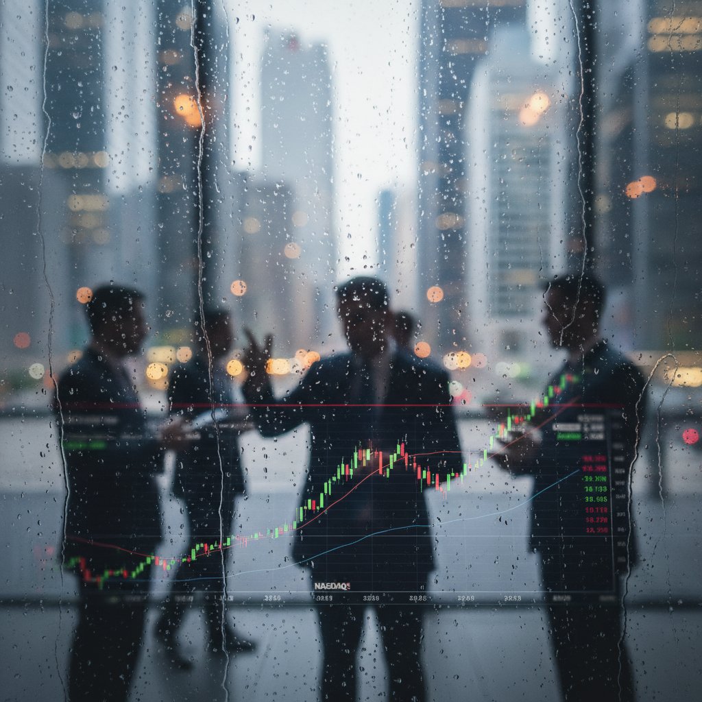 Inwestorzy analizujący wykresy giełdowe przez zamgloną szybę, symbolizujący niepewność interpretacji rynku