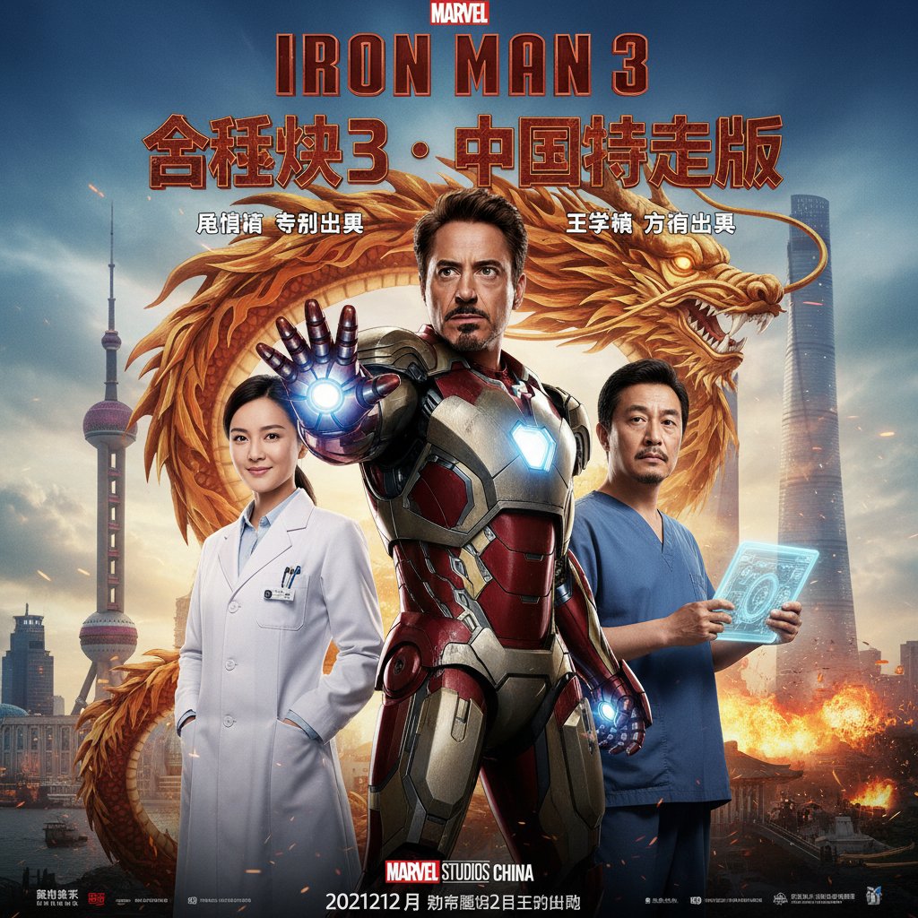 Side-by-side movie stills comparing Iron Man 3 US and China exclusive scenes