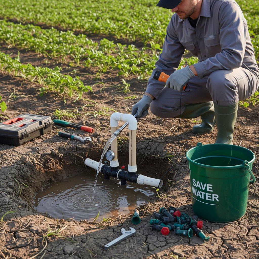 Osoba kontrolująca szczelność rur systemu nawadniania, klucz francuski, detale techniczne