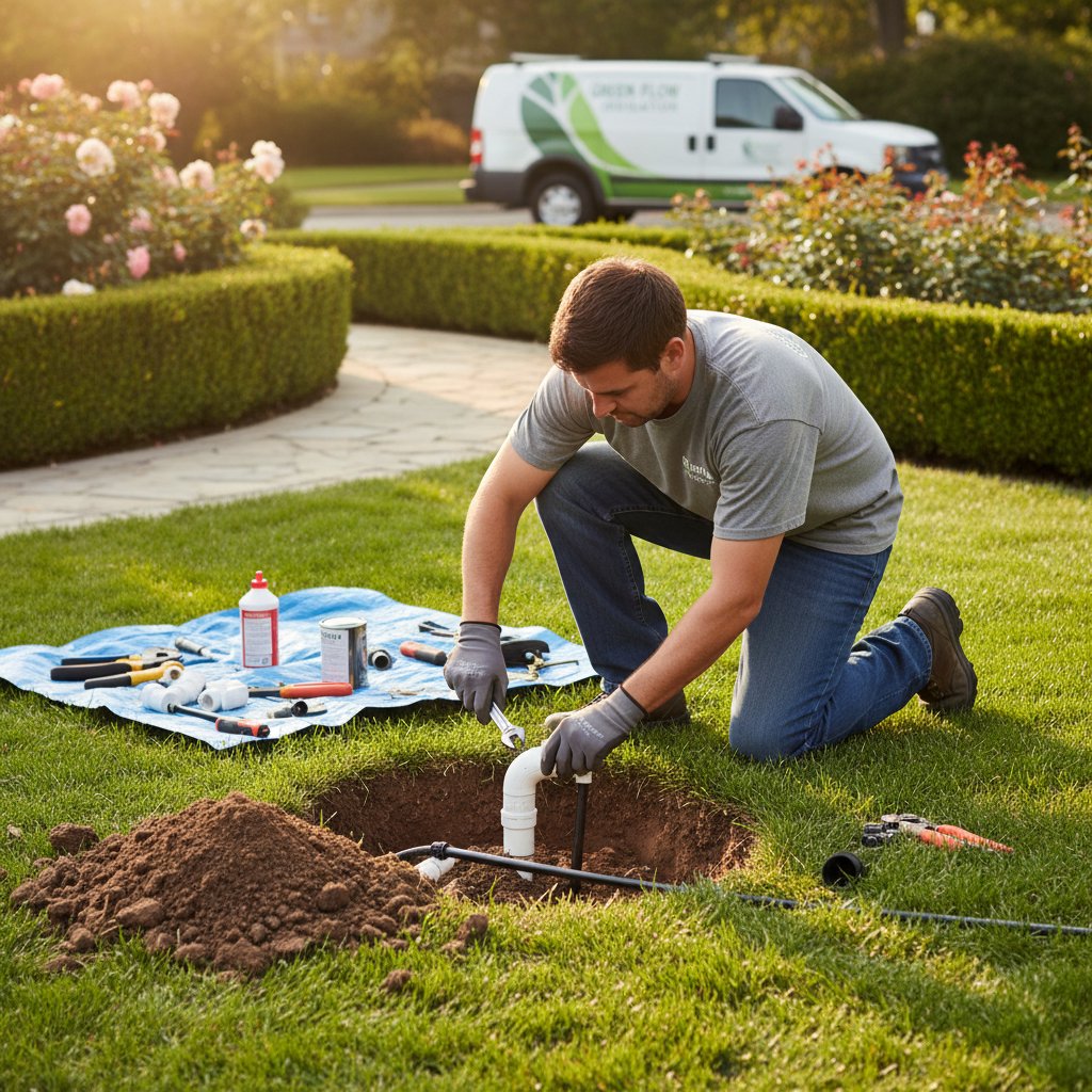 Serwisant naprawiający uszkodzony system nawadniania w ogrodzie domowym