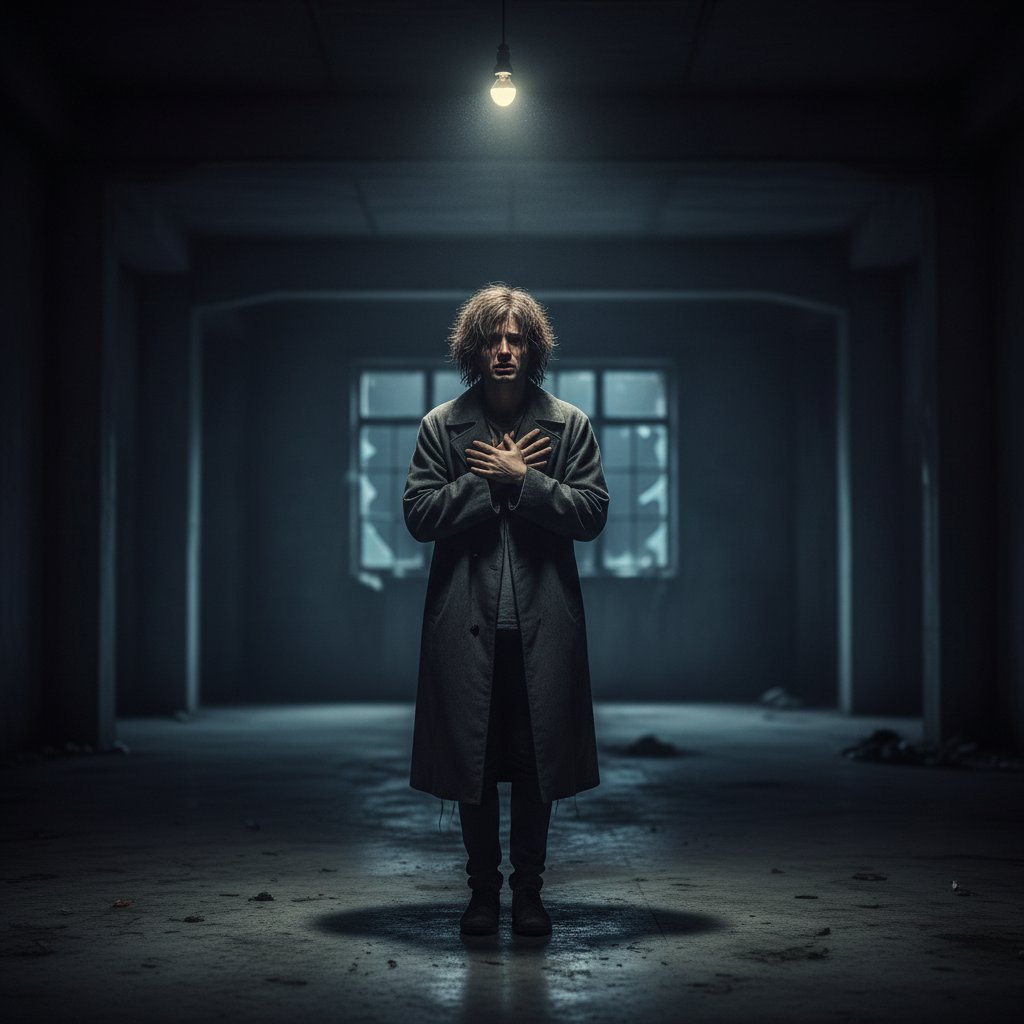 Osamotniona postać z widocznym przygnębieniem, ciemne światło, symbol wykluczenia