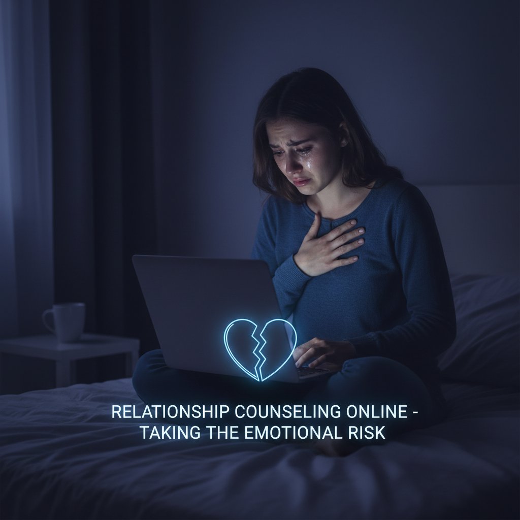 Isolated person staring at blank laptop screen at night, reflecting emotional risks of online relationship counseling gone wrong