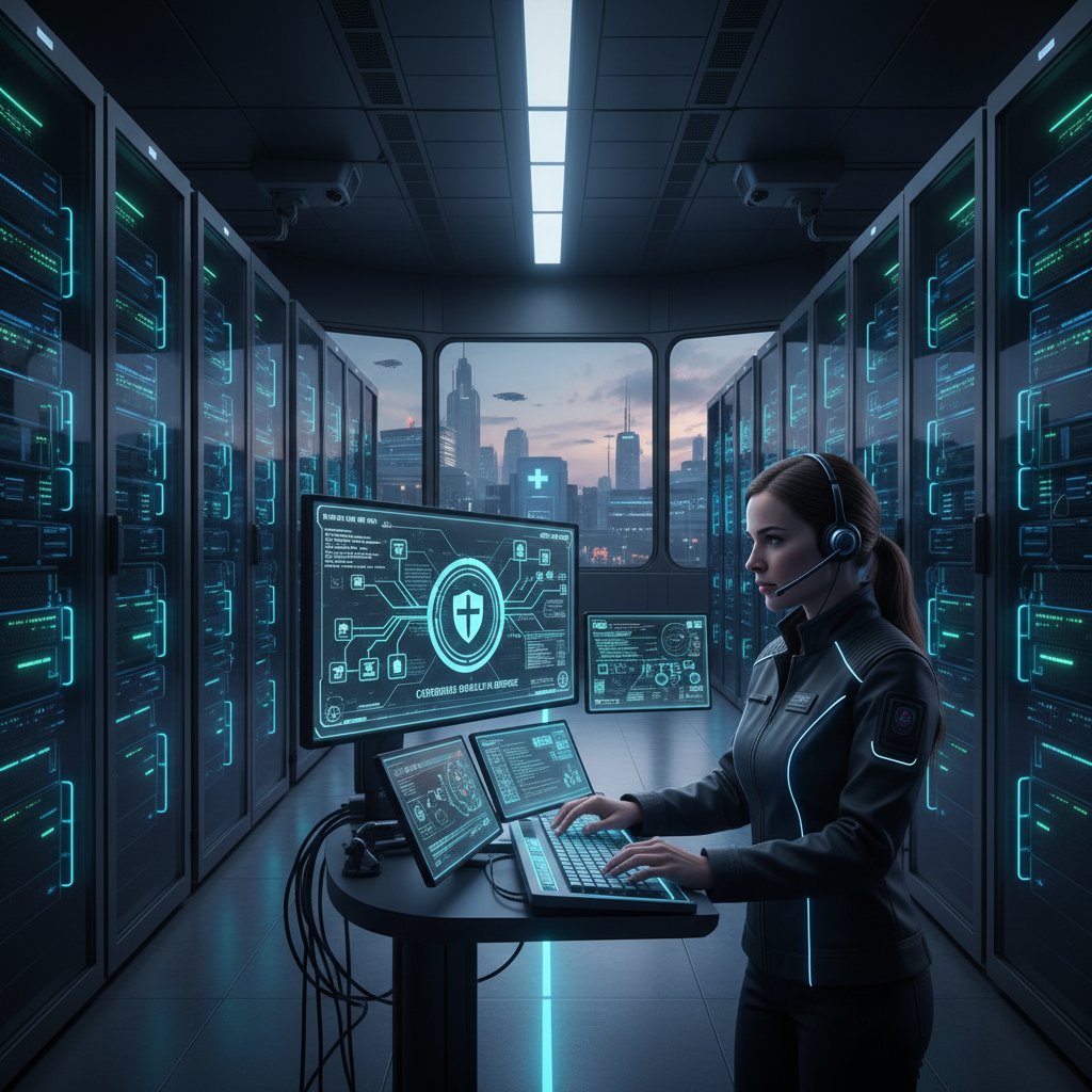 Administrator IT monitorujący bezpieczeństwo danych w serwerowni szpitalnej