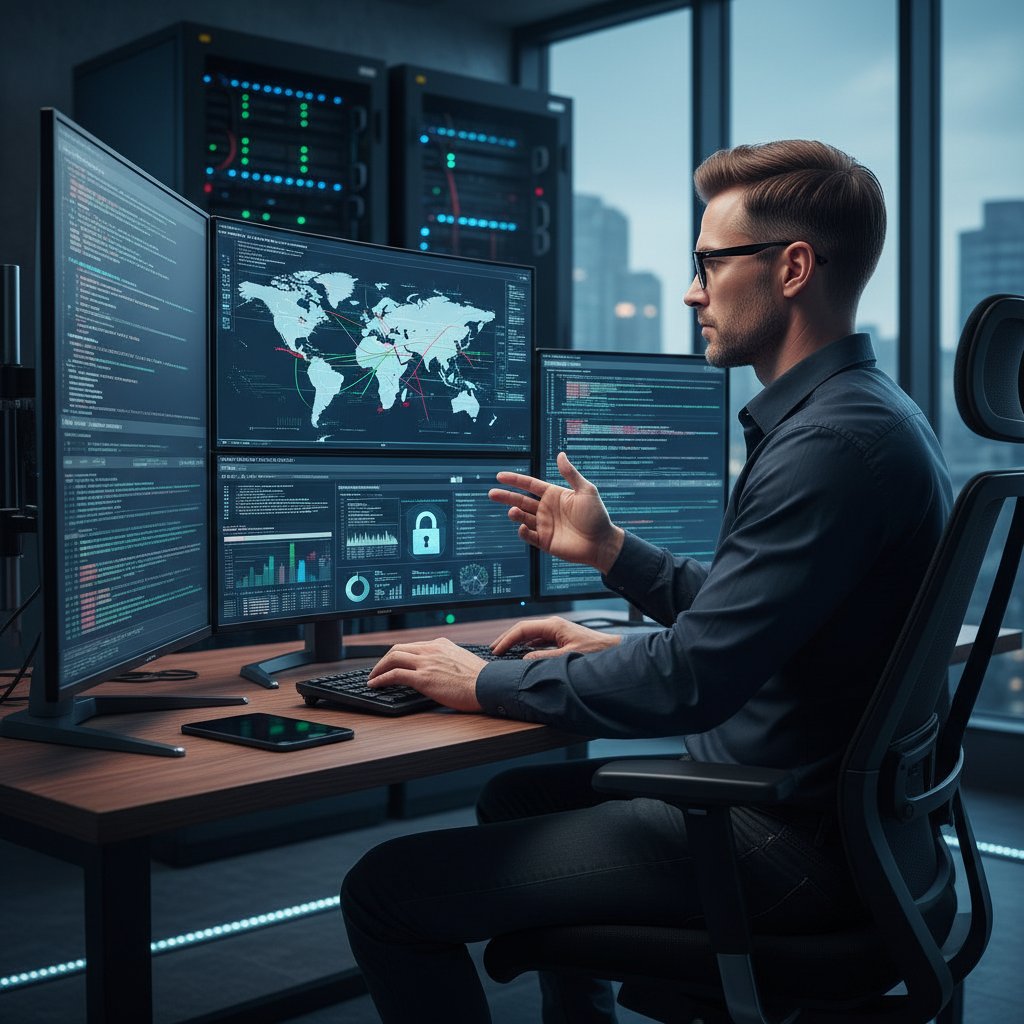 Administrator IT monitorujący zabezpieczenia danych na ekranach, atmosfera kontroli i bezpieczeństwa