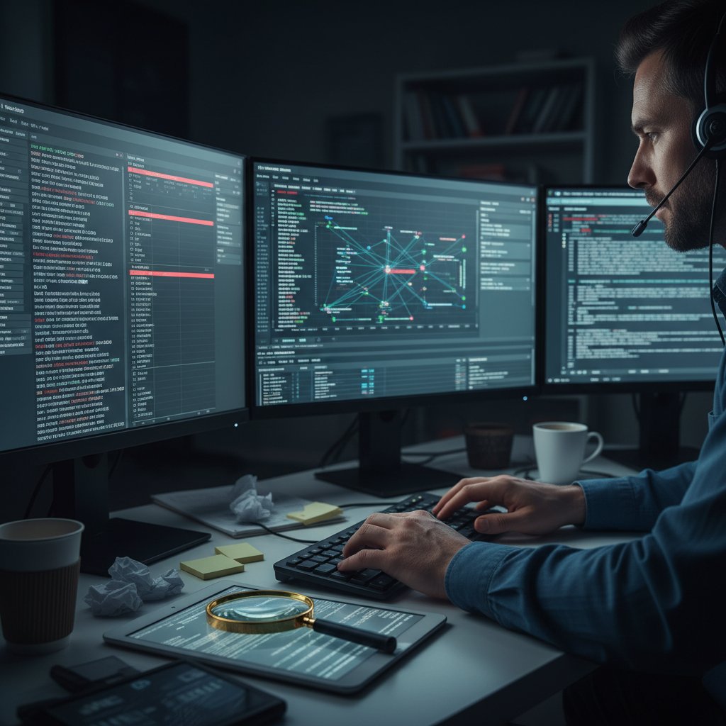 Pracownik IT analizujący logi na ekranie komputera, zacienione biuro, klimat śledztwa cyfrowego; kluczowe słowa: anonimowość online, cyfrowy ślad, bezpieczeństwo