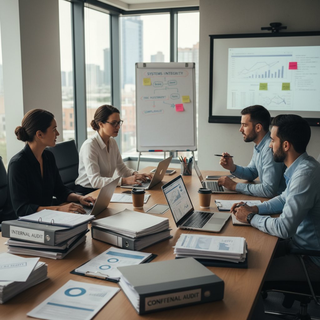 Zespół IT podczas audytu technologicznego, skupieni nad laptopami i dokumentacją