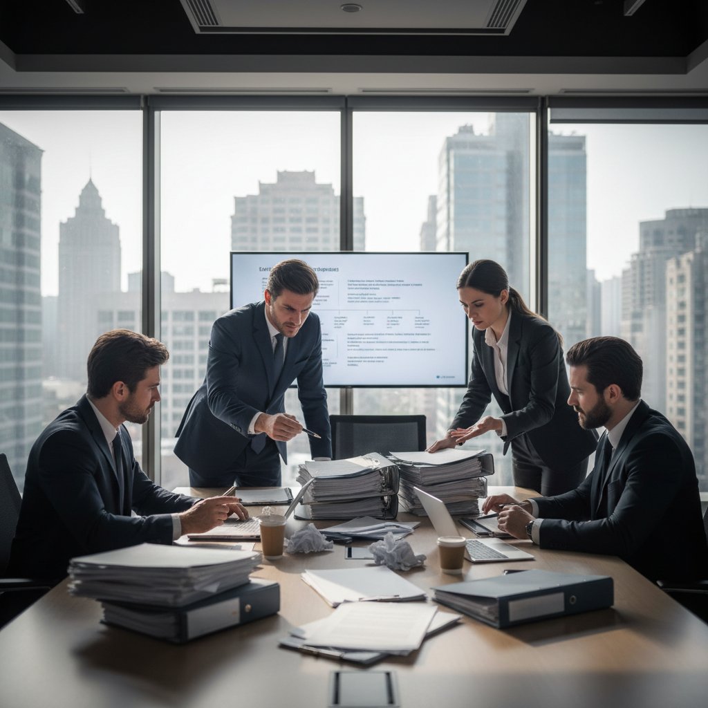 Biuro IT podczas negocjacji umowy, prawnik analizuje dokumenty, atmosfera skupienia