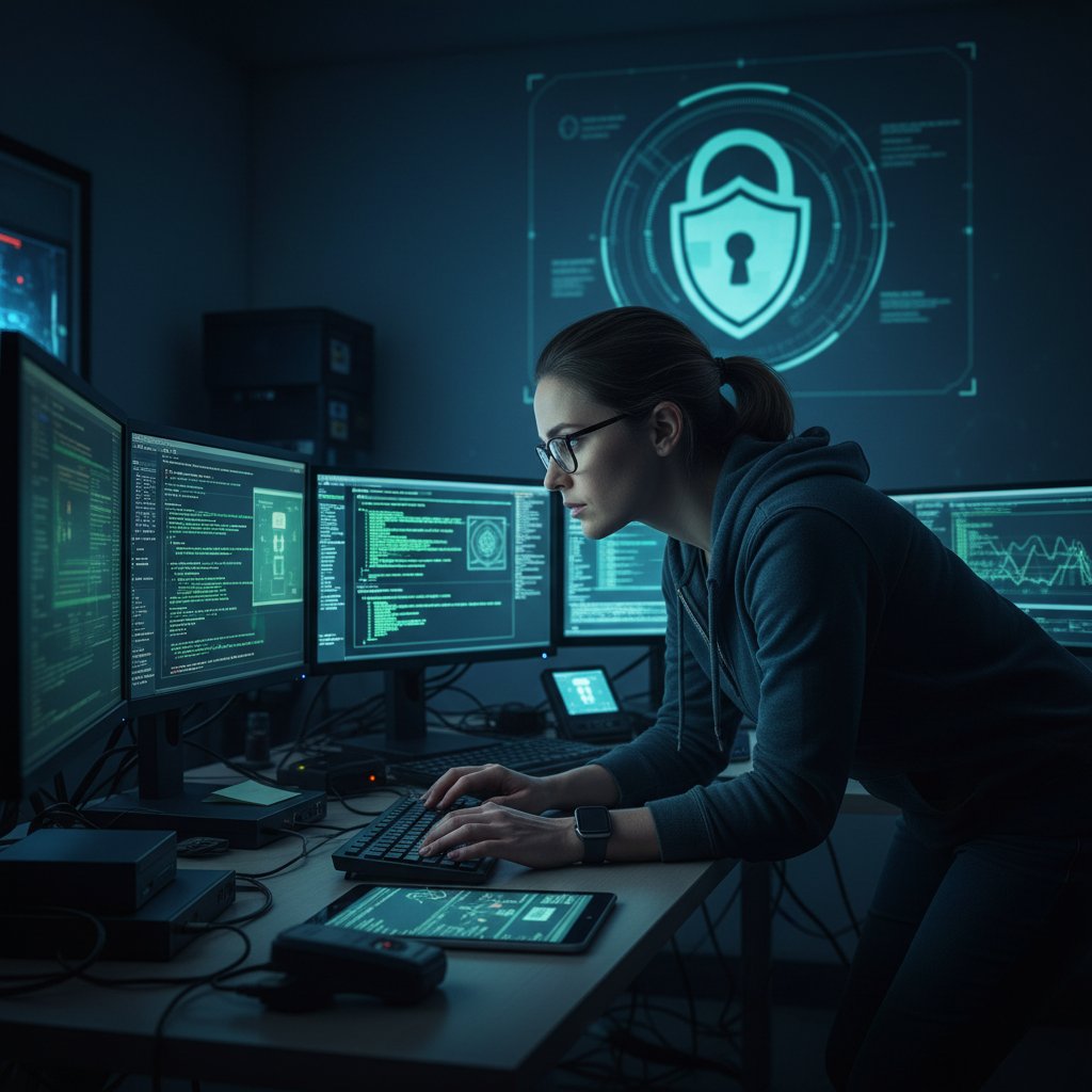 Ekspert IT sprawdzający zabezpieczenia danych na ekranie komputera