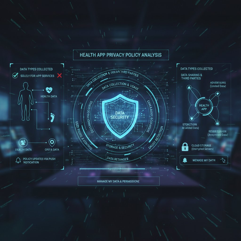 Ekspert IT analizujący politykę prywatności aplikacji zdrowotnej na laptopie