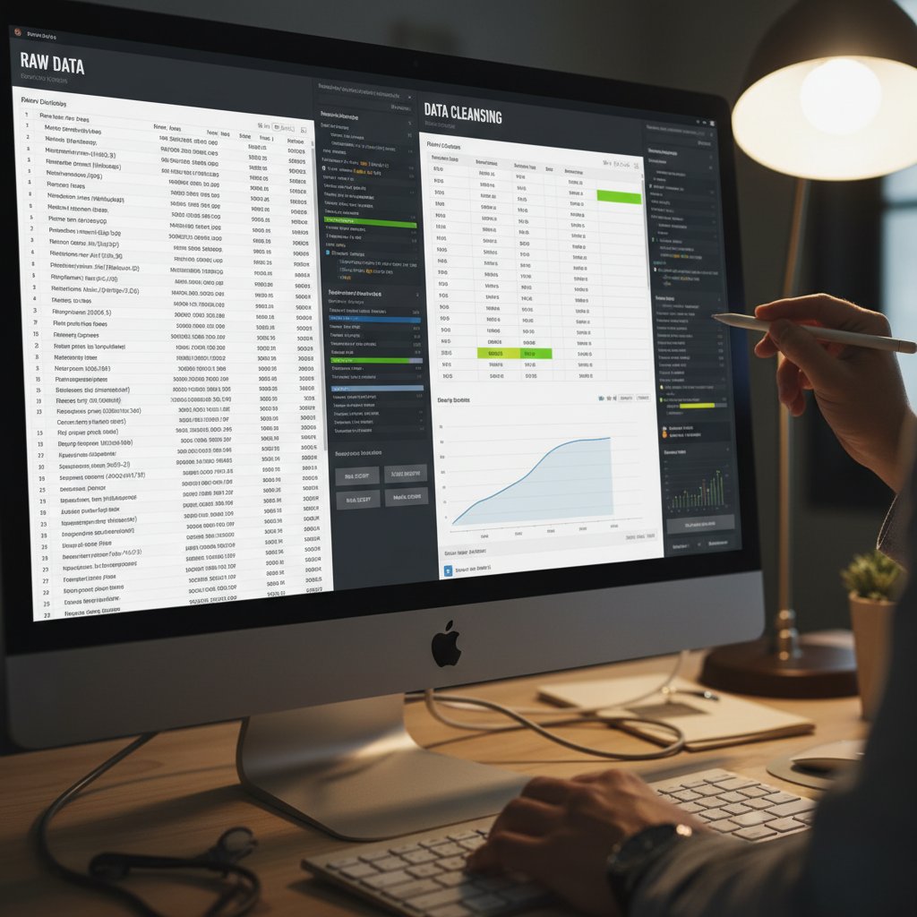 Ekspert IT przeglądający dane surowe na ekranie, proces oczyszczania danych