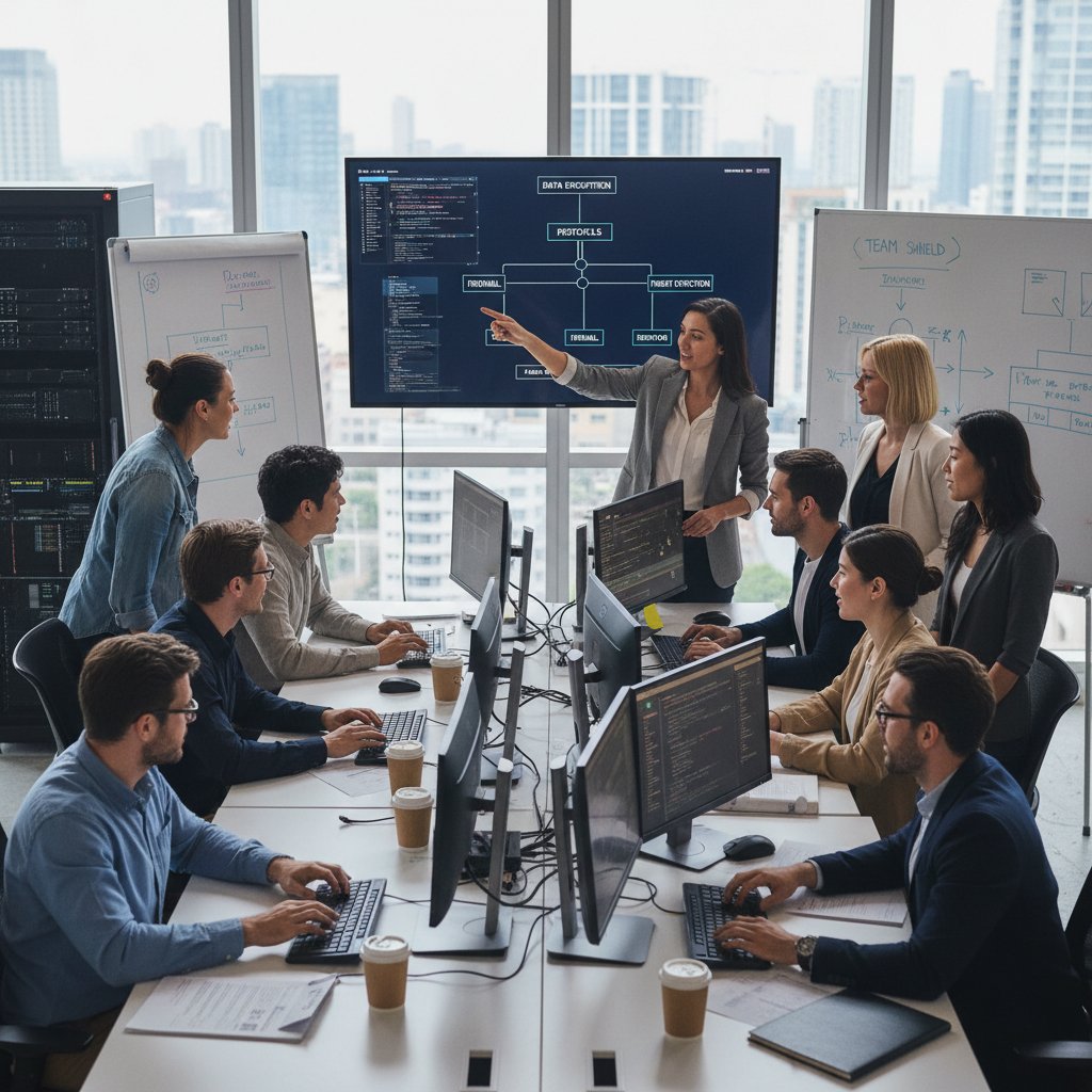 Lider IT podczas szkolenia zespołu z cyberbezpieczeństwa, wspólna praca przy komputerach