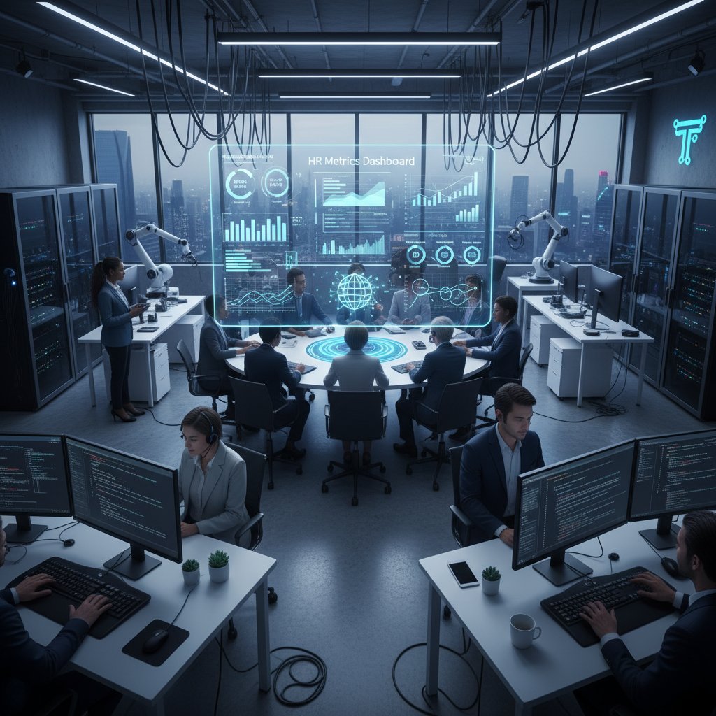 Otwarte biuro IT, zespół analizujący wskaźniki HR na monitorach, widoczna technologia
