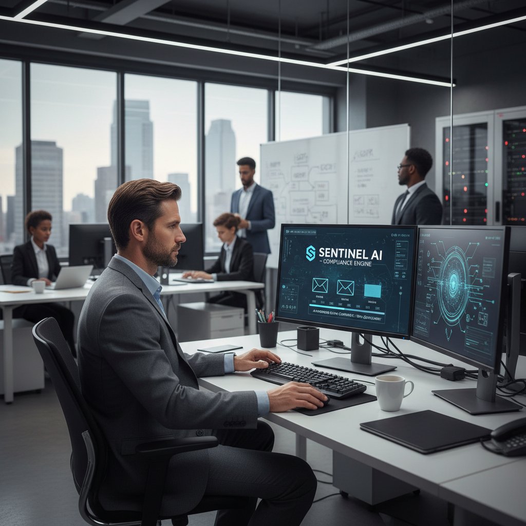 IT security professional reviewing compliance settings for AI-powered email tools in enterprise office