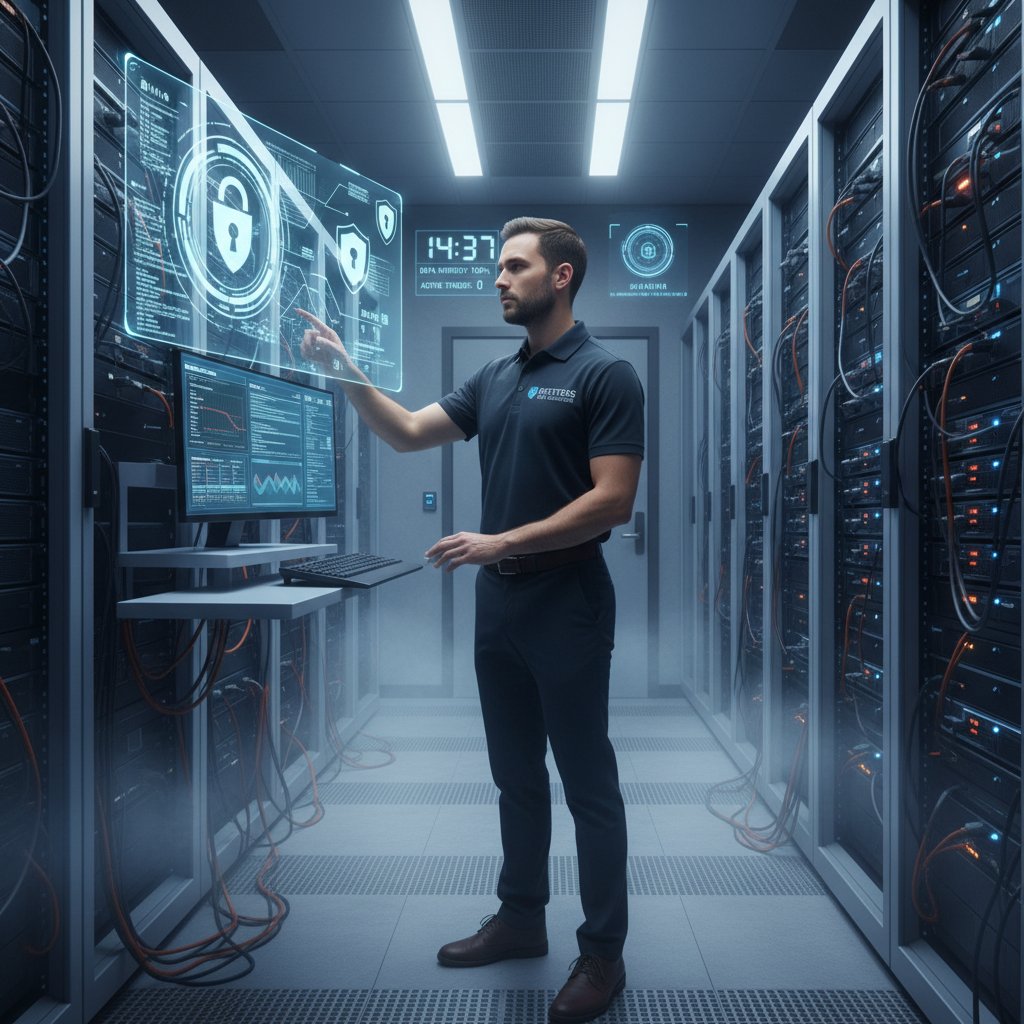 Specjalista ds. bezpieczeństwa IT monitorujący ochronę danych na ekranach w serwerowni
