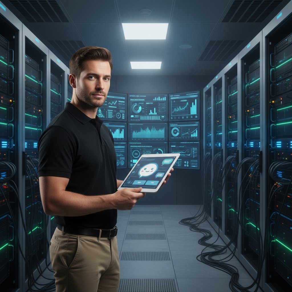 Specjalista IT monitorujący pracę chatbotów AI na dużych ekranach w centrum danych, technologia wsparcia codziennego