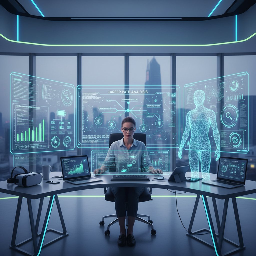 Specjalista IT korzystający z komputera, wyświetlający narzędzia AI do analizy kariery – symbol cyfrowej transformacji