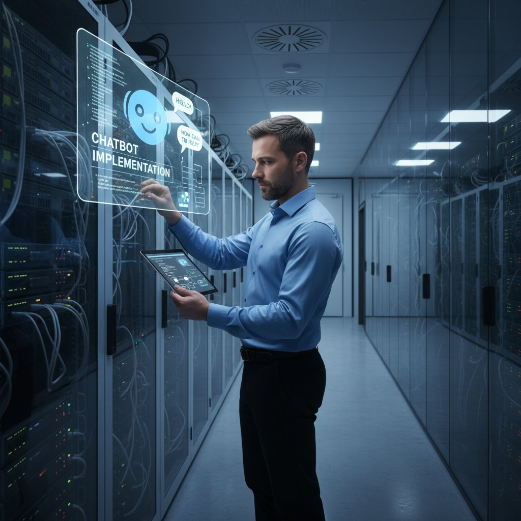 Specjalista IT nadzoruje wdrożenie chatbota na stronie internetowej, nowoczesne centrum danych