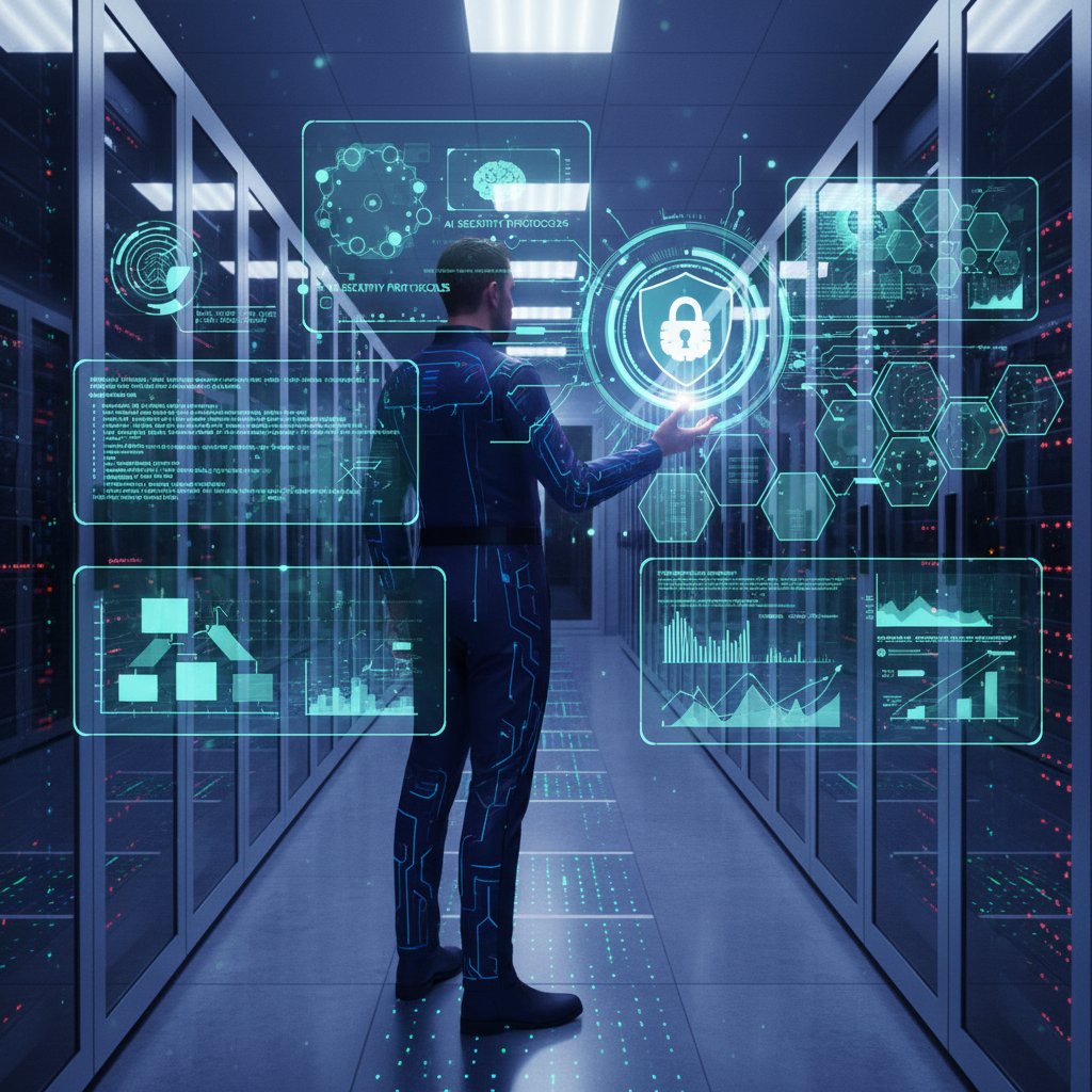 Specjalista IT monitorujący zabezpieczenia danych w centrum danych z cyfrową warstwą AI
