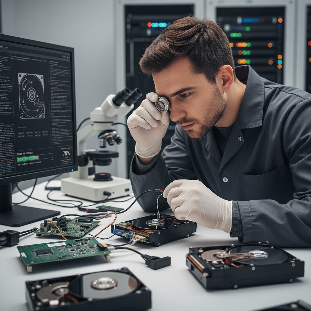Specjalista IT analizujący dysk, narzędzia do odzyskiwania danych, skupienie