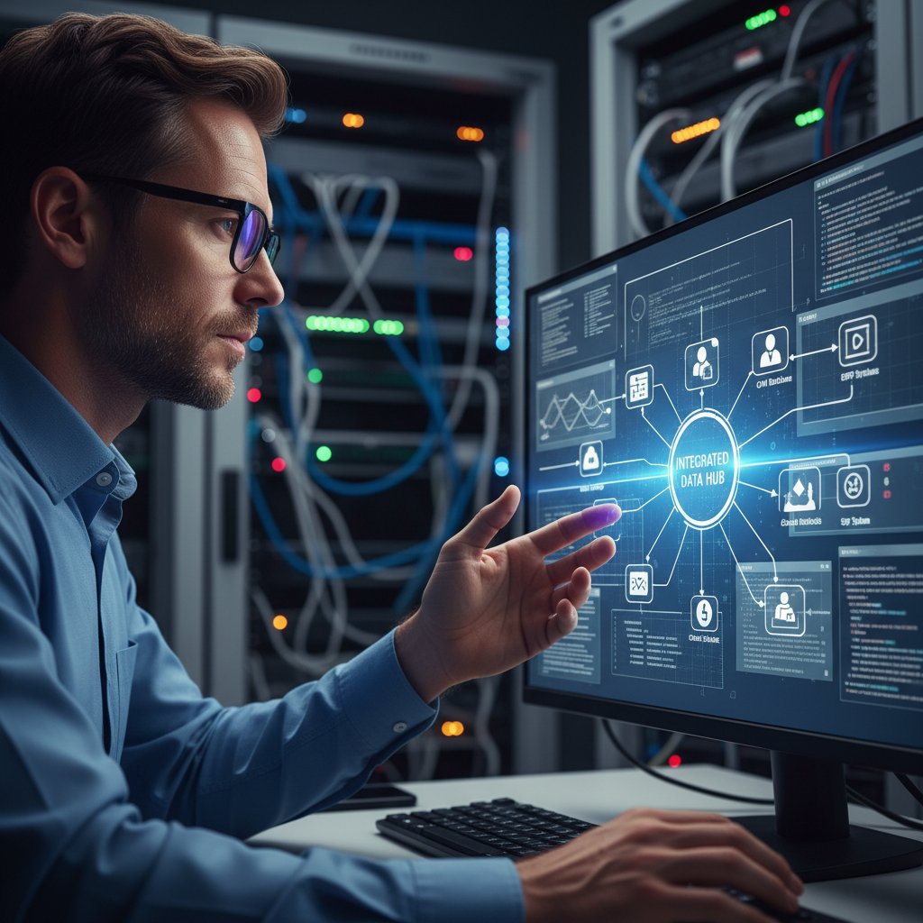 Specjalista IT integrujący wiele źródeł danych na ekranie komputera