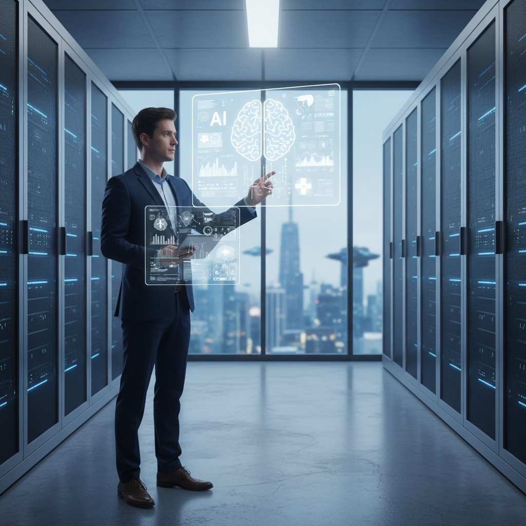 Informatyk analizujący dane zdrowotne na ekranie z widocznym kodem AI; klimat: nowoczesność, temat: sztuczna inteligencja w zdrowiu